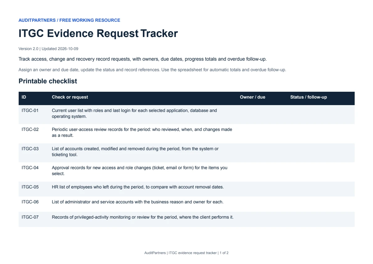 A complete sample page from ITGC evidence request tracker