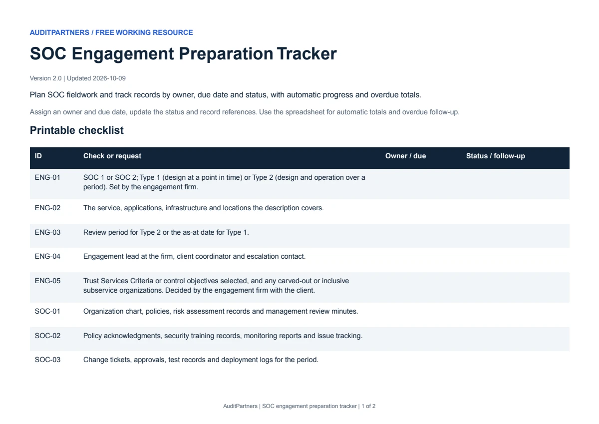 A complete sample page from SOC engagement preparation tracker