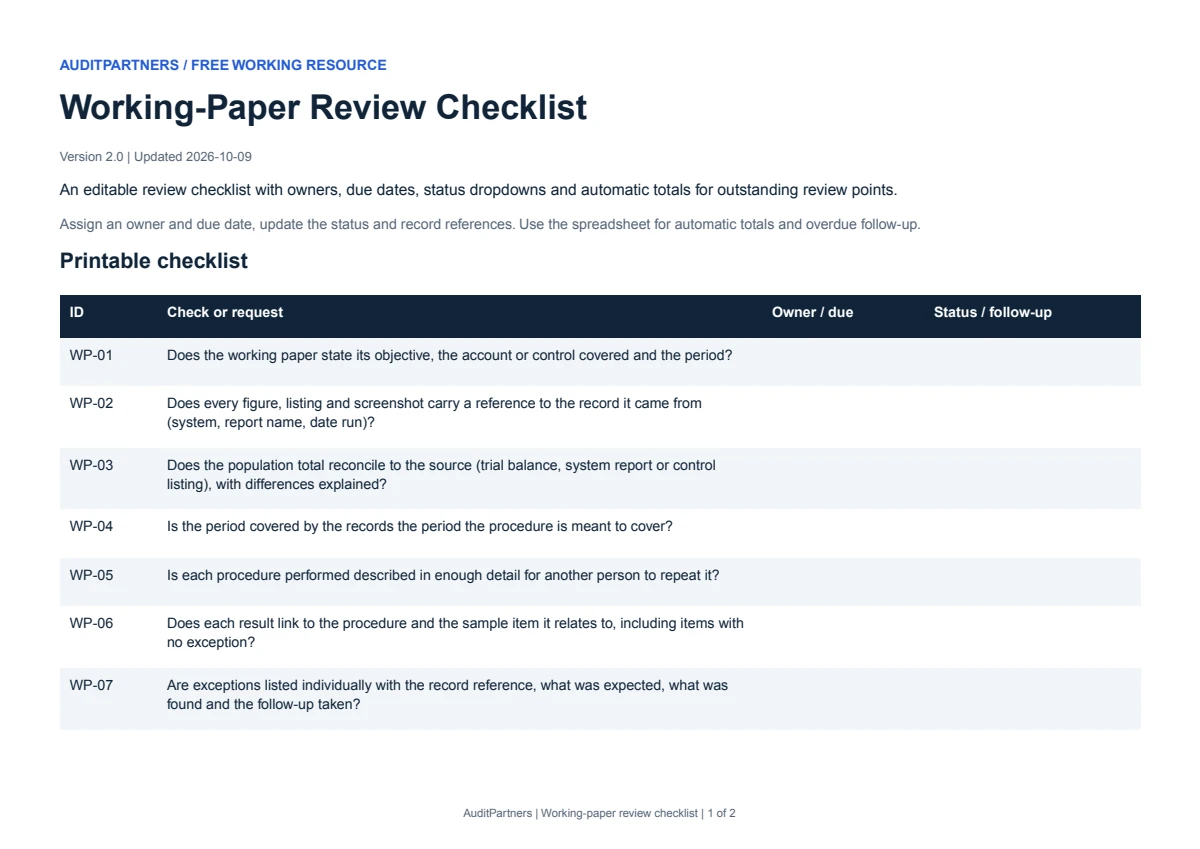 A complete sample page from Working-paper review checklist