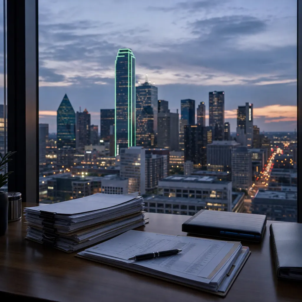 the Dallas skyline at dusk from an office window with audit files in the foreground.