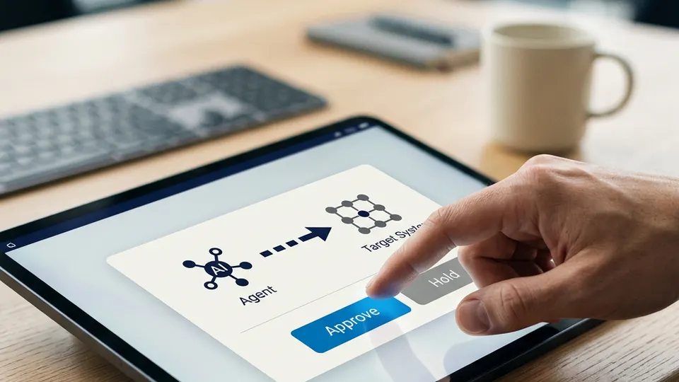 a hand approving a proposed AI agent action on a touchscreen dialog.