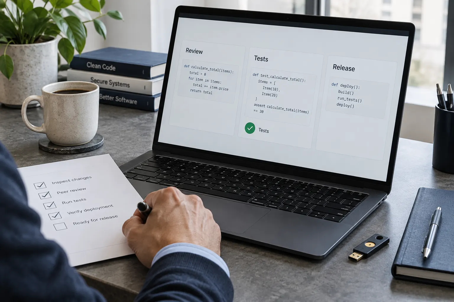 a reviewer's checklist beside a laptop showing a code change moving through review, tests and release.