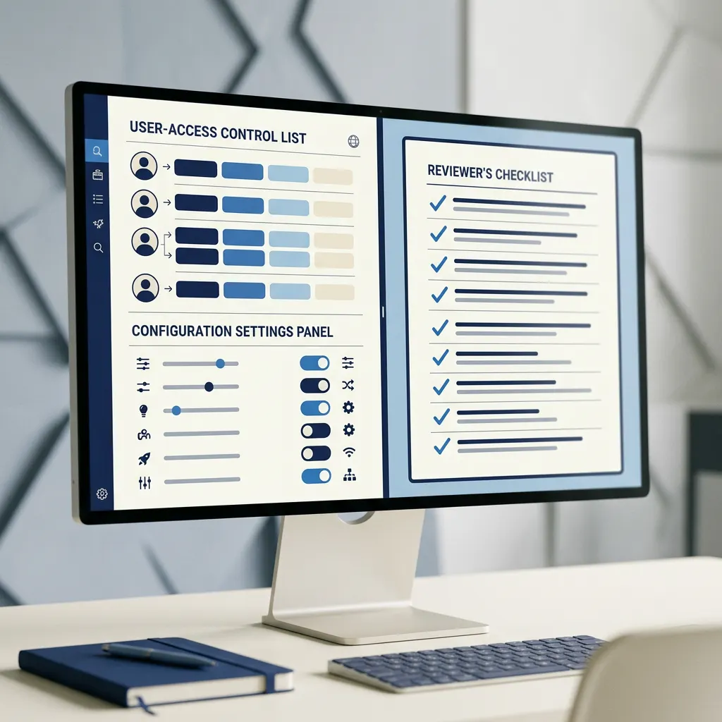 a user-access list and configuration panel beside a reviewer's checklist.