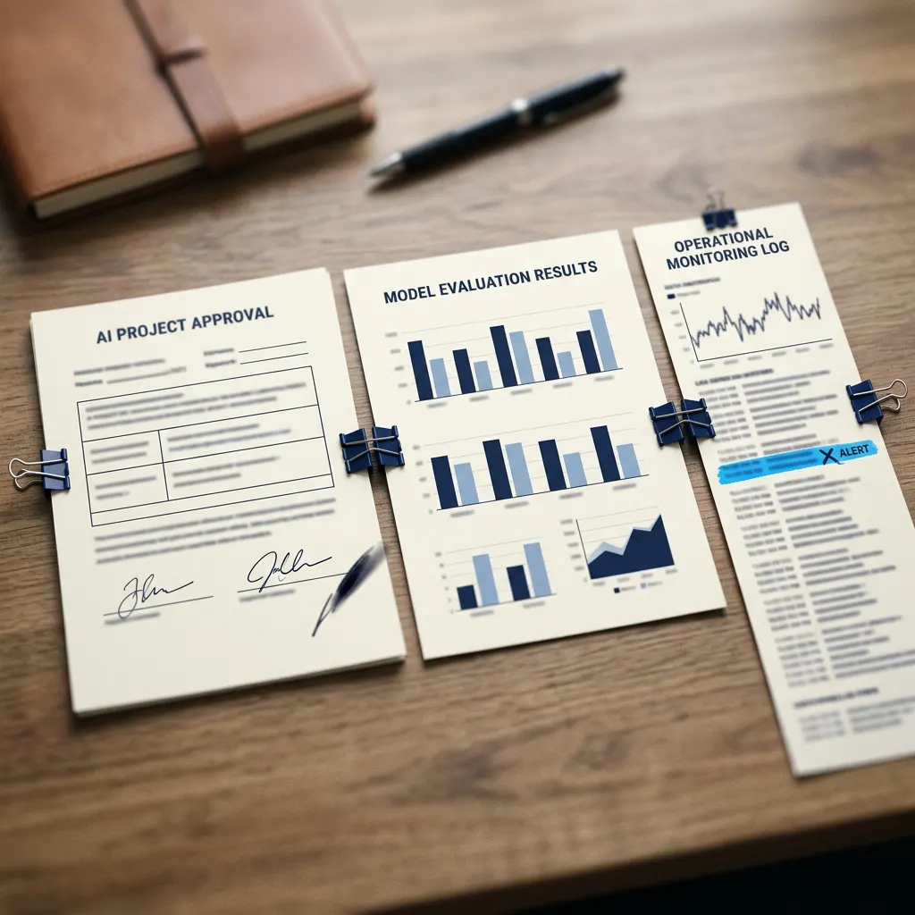 AI lifecycle evidence in a timeline: approval sign-off, evaluation chart and monitoring log.