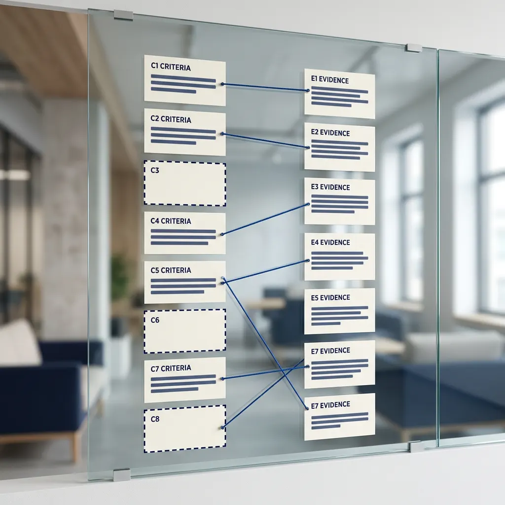 criteria cards linked to matching evidence cards, with unmatched criteria outlined.