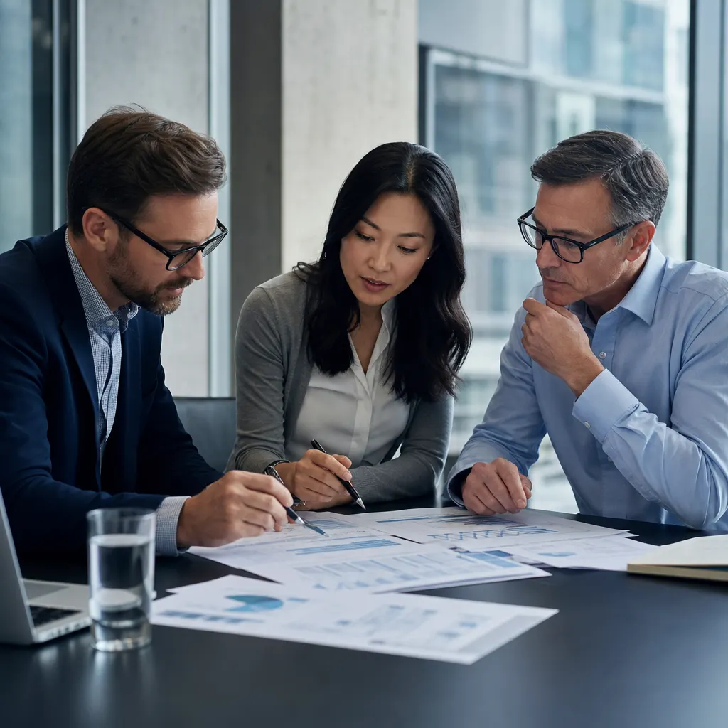three professionals reviewing working papers around a conference table.
