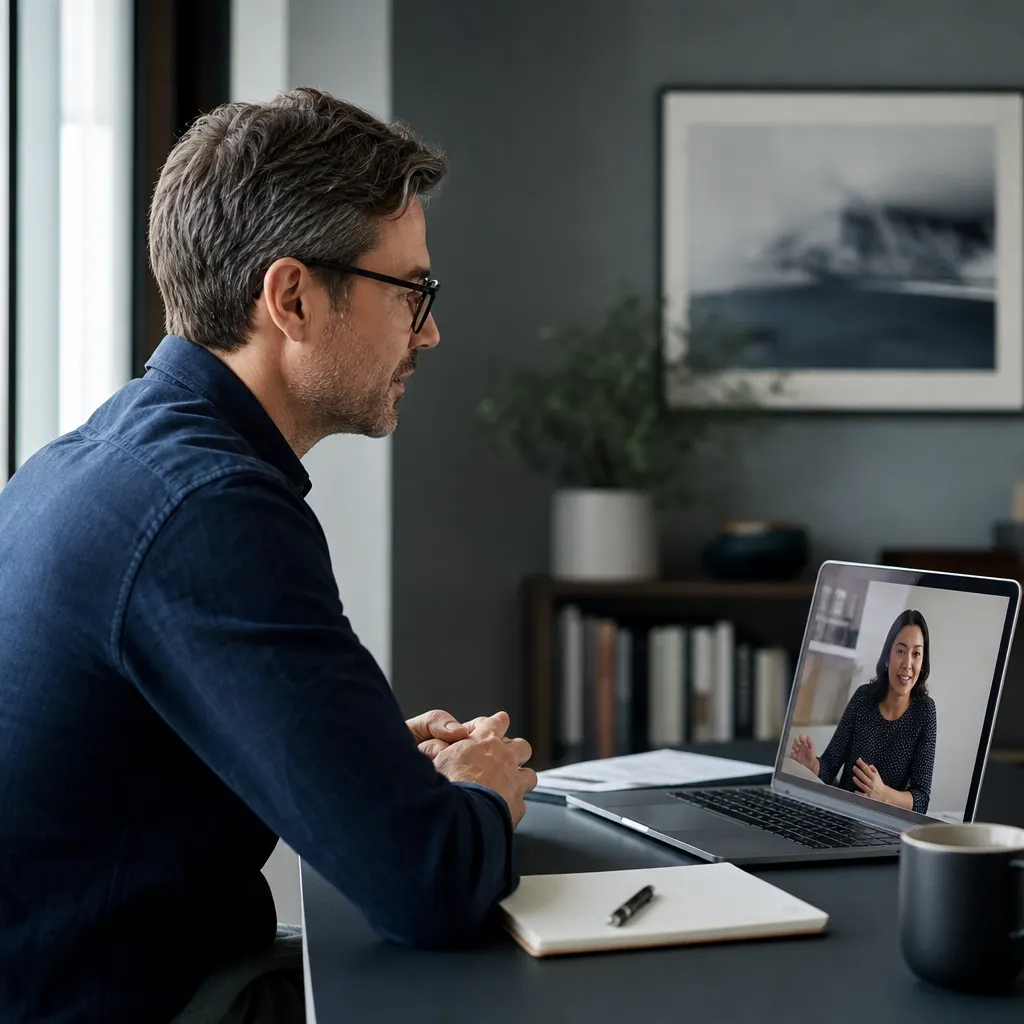 a professional taking notes during a video call.