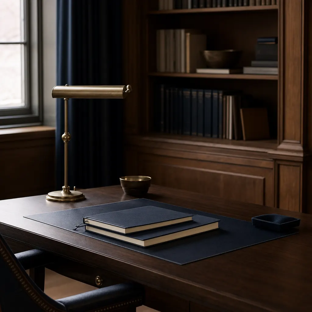 a library study desk with closed notebooks and a brass lamp.