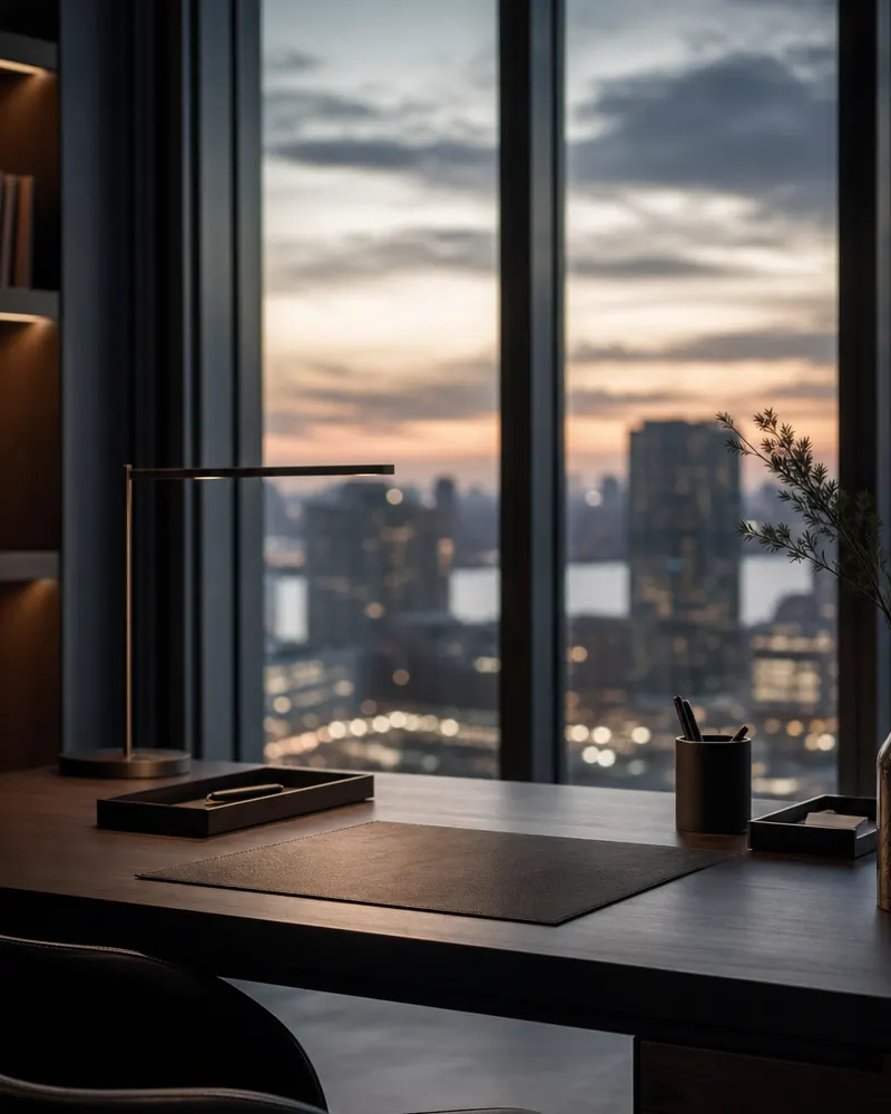 an empty desk by a tall window over a city skyline at dusk.
