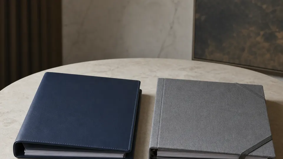 a navy binder and a grey binder side by side on a stone table.