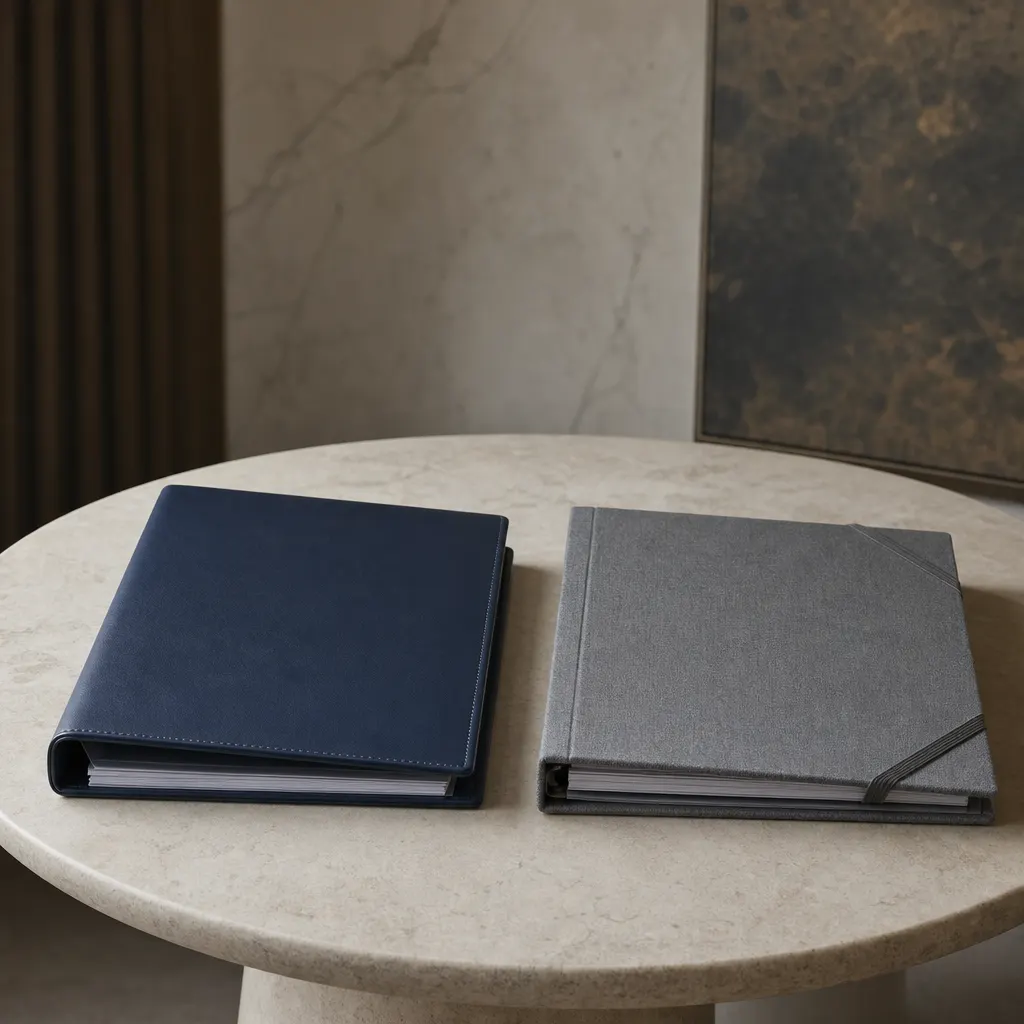 a navy binder and a gray binder side by side on a stone table.