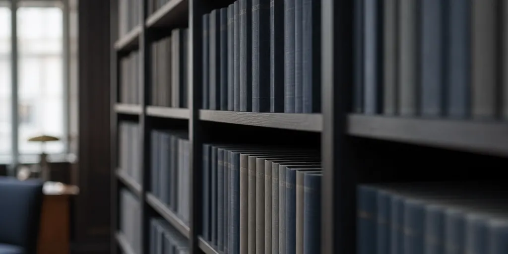 shelves of uniform cloth-bound reference volumes.