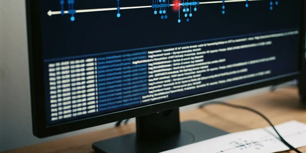 a forensic event timeline and log review on a dark monitor.