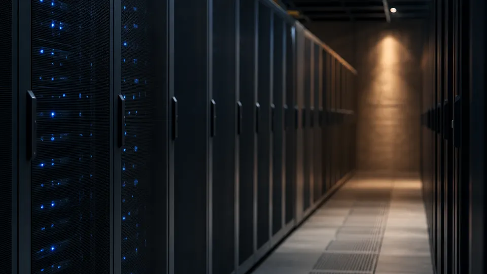 a dark server-room aisle with tidy racks and blue status lights.