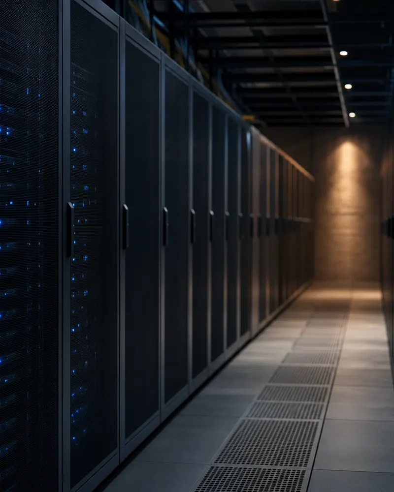 a dark server-room aisle with tidy racks and blue status lights.