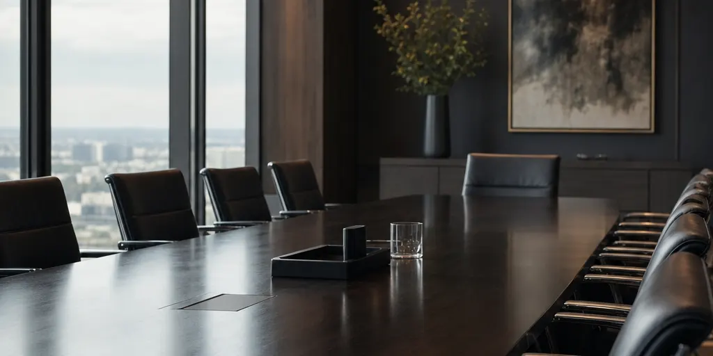 a long boardroom table with empty leather chairs.