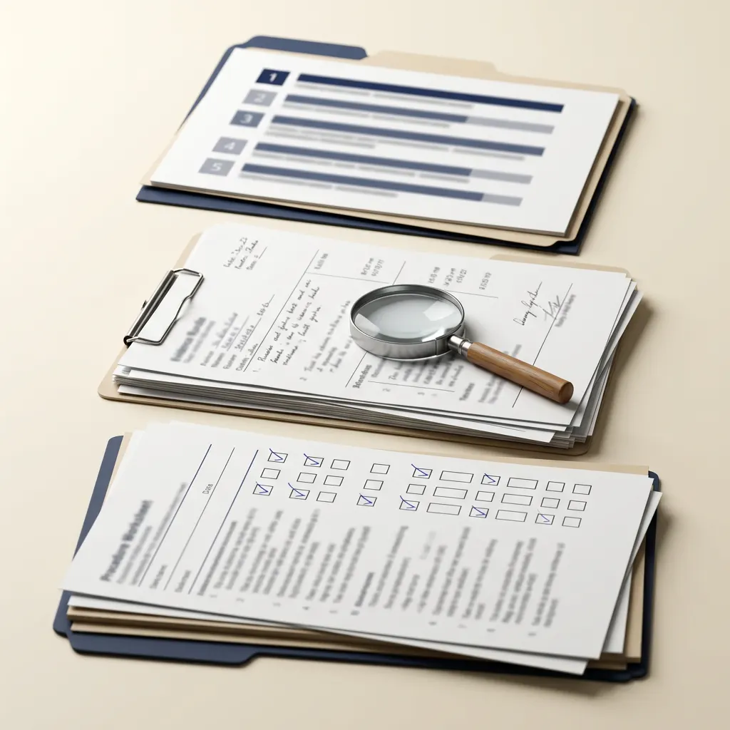 audit criteria, an evidence bundle and a procedure worksheet under review.