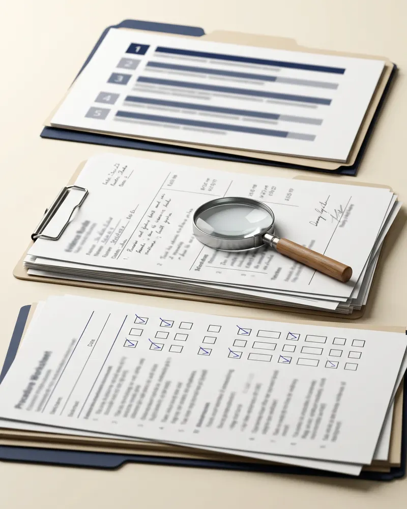 audit criteria, an evidence bundle and a procedure worksheet under review.