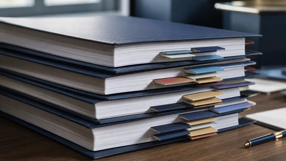 a stack of bound documents with coloured tab dividers.
