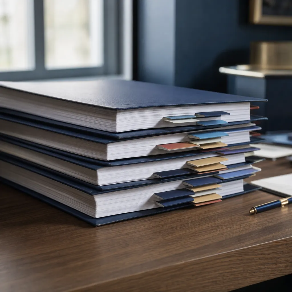 a stack of bound documents with colored tab dividers.