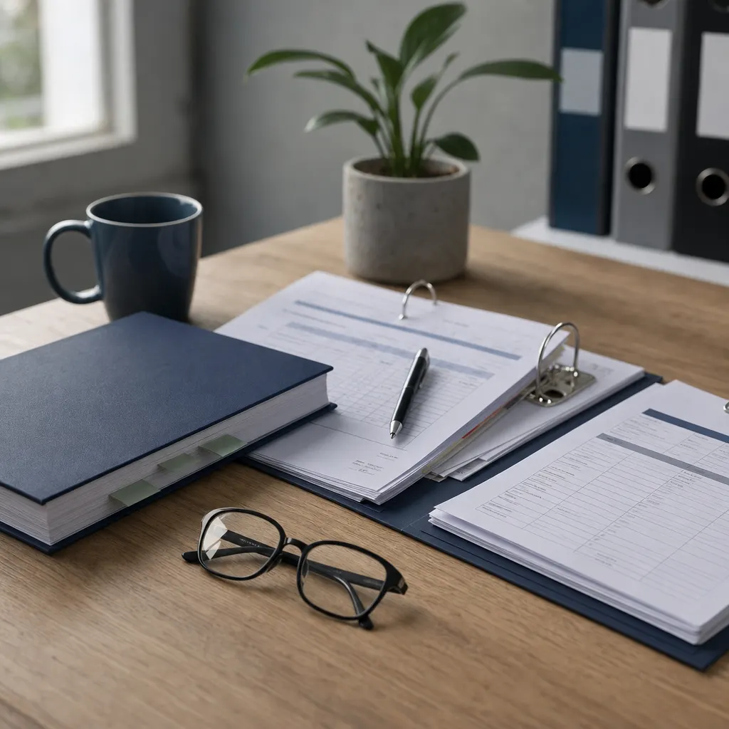 a certification auditor's desk with a management-system manual and audit plan.