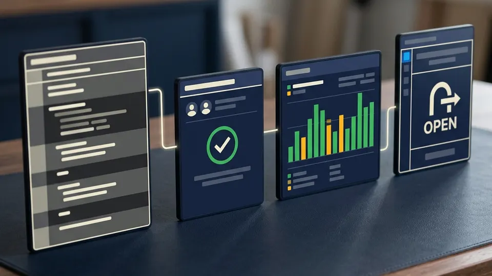 a software change moving through review, automated tests and a release gate.