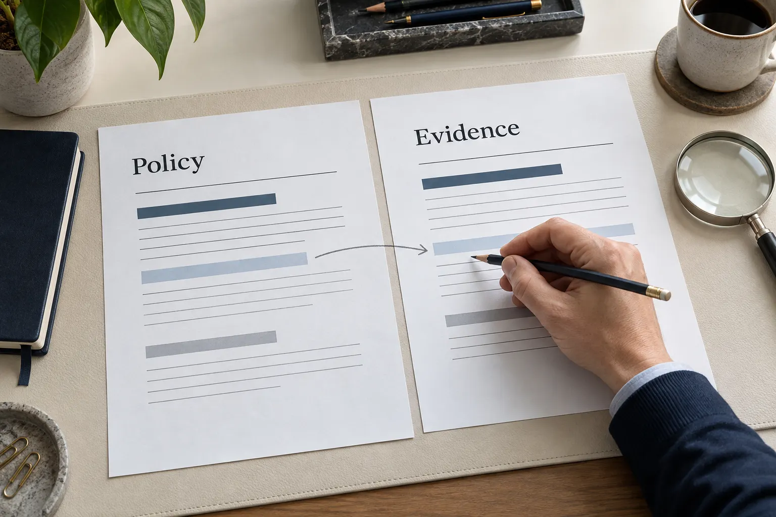 a pencil tracing a policy clause across to the matching evidence record on a desk.