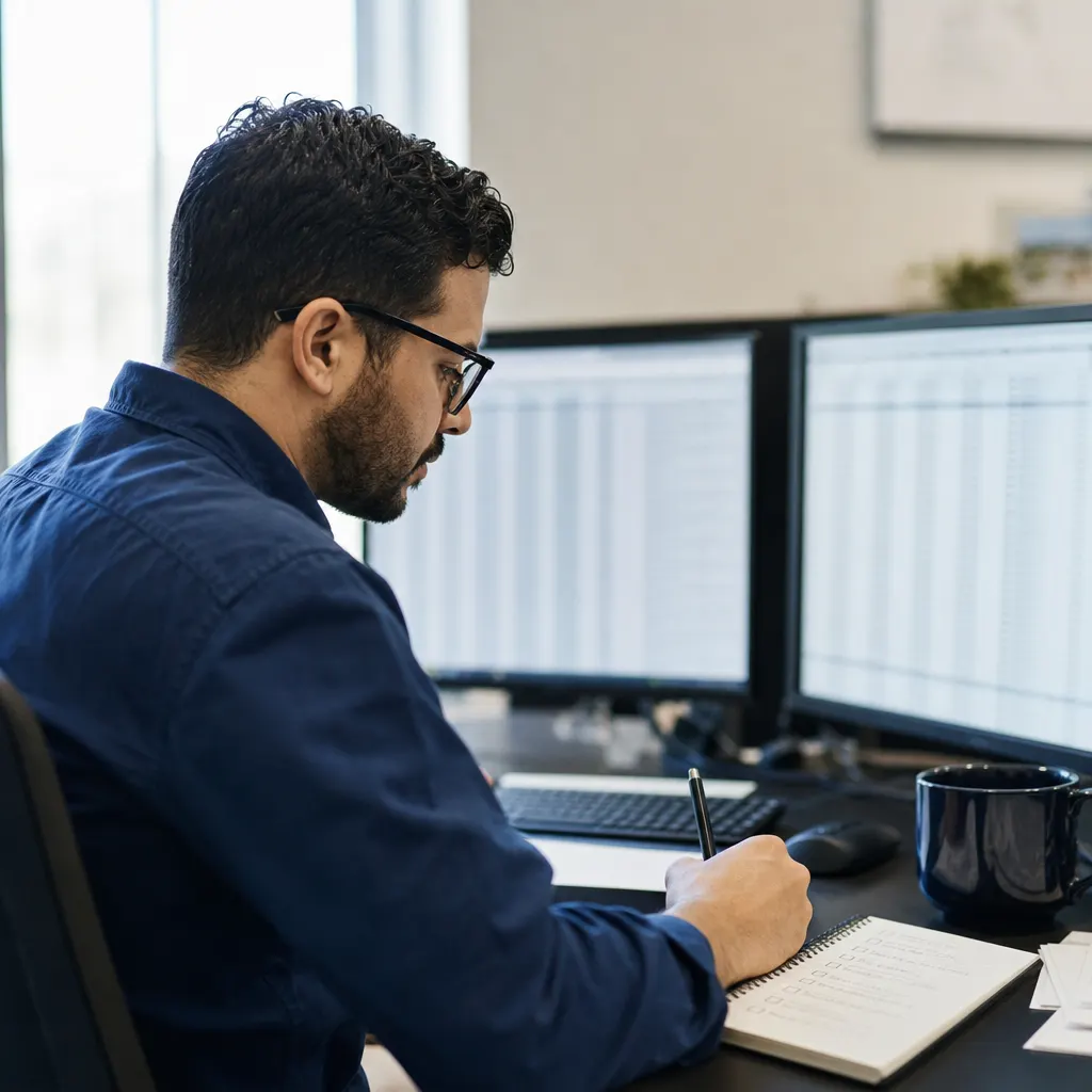an analyst at a workstation reviewing rows of records with a handwritten checklist.