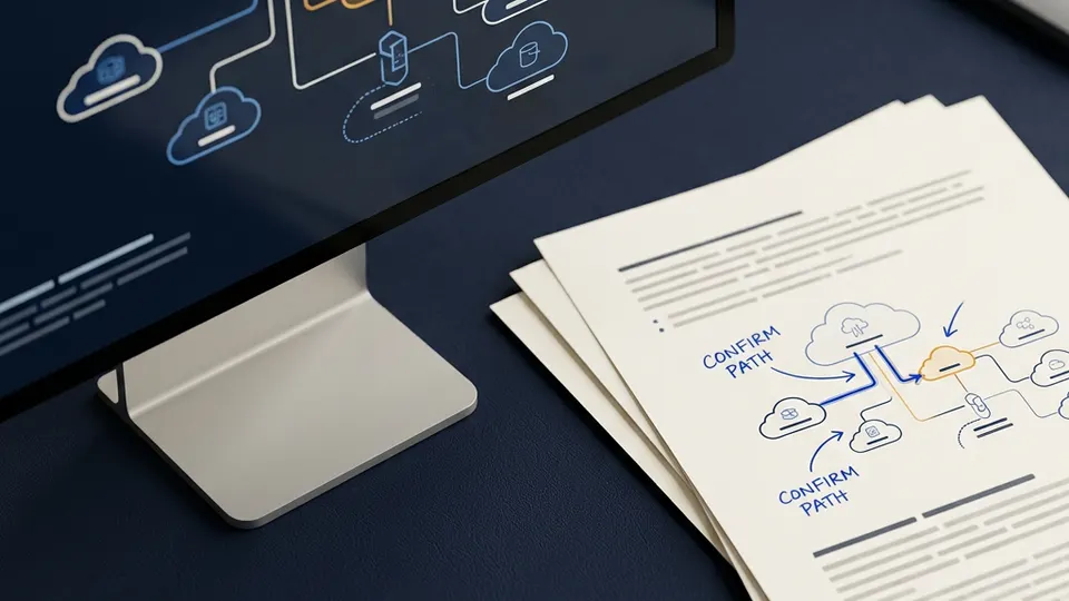 a cloud access-path diagram with one risky path matched to printed assessment evidence.