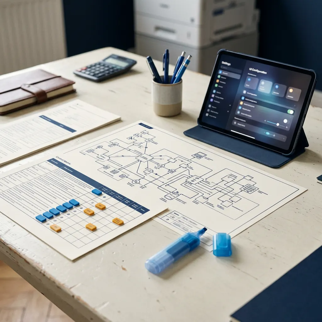 a technology risk and control review in progress: system diagram, control matrix and configuration screen.