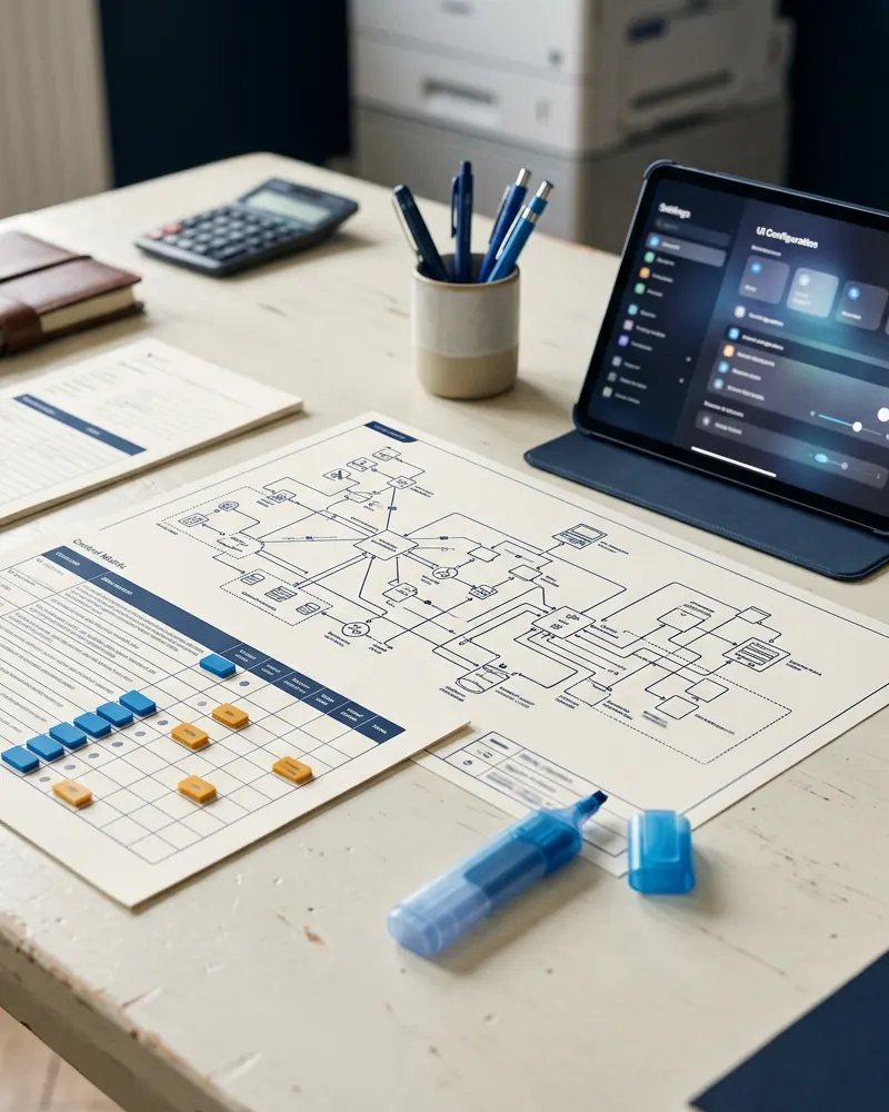 a technology risk and control review in progress: system diagram, control matrix and configuration screen.