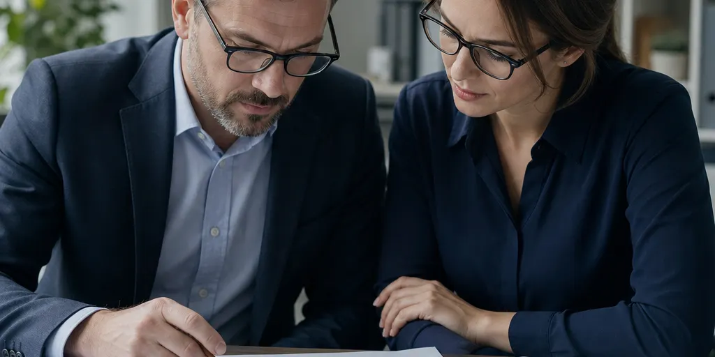 two accountants reviewing printed bank reconciliations and a ledger spreadsheet.
