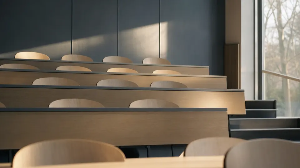 an empty tiered lecture room with oak desks and a slate wall.