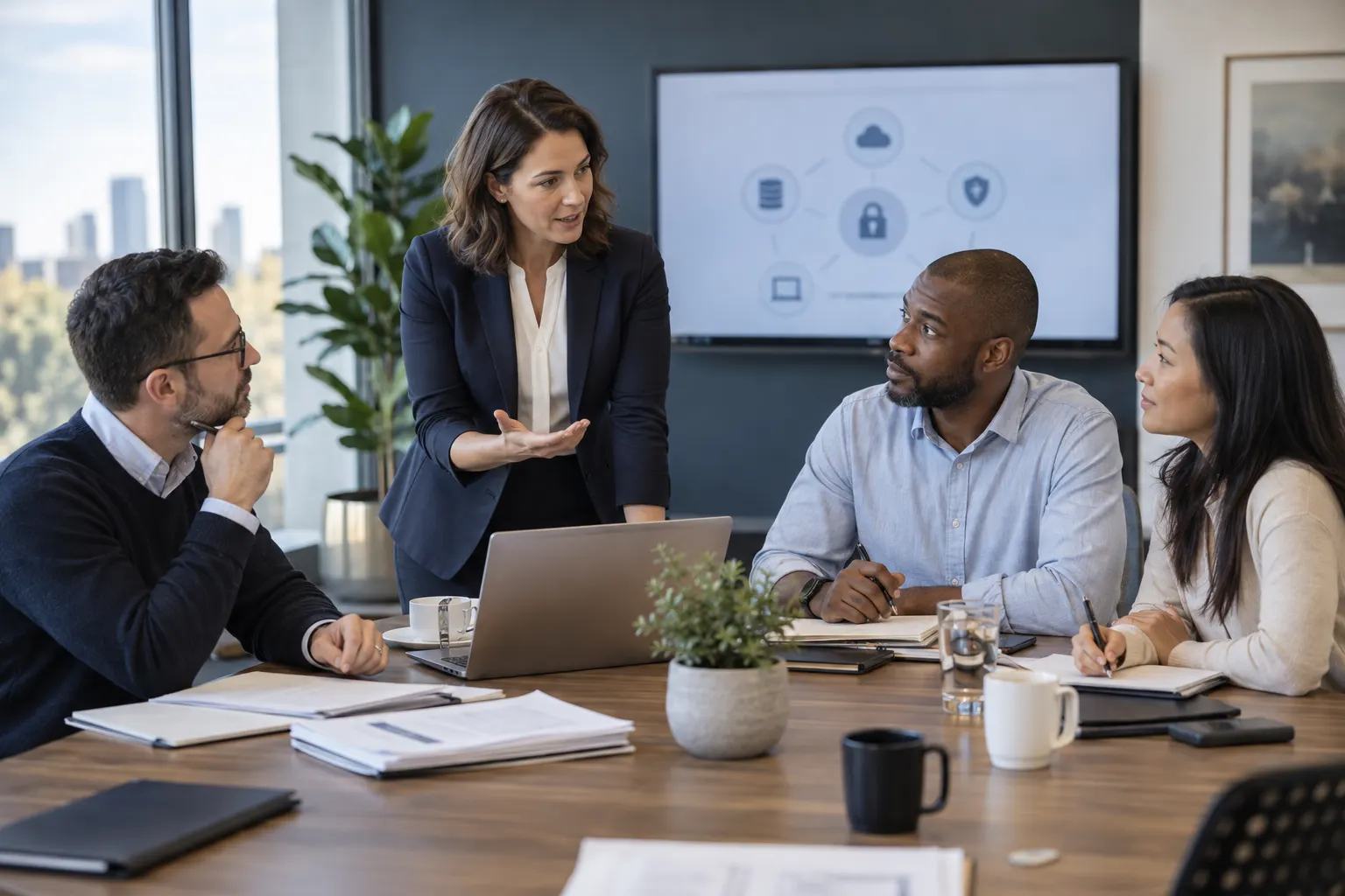 audit and security professionals learning with an instructor around a conference table.