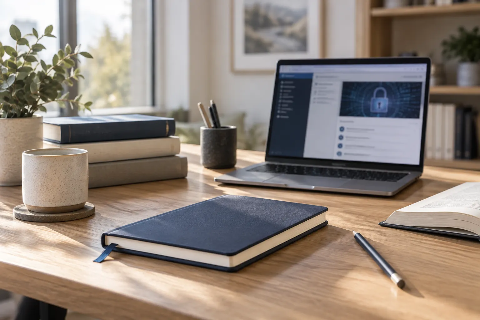 a professional study desk with notebooks, reference books and an information-security lesson on a laptop.
