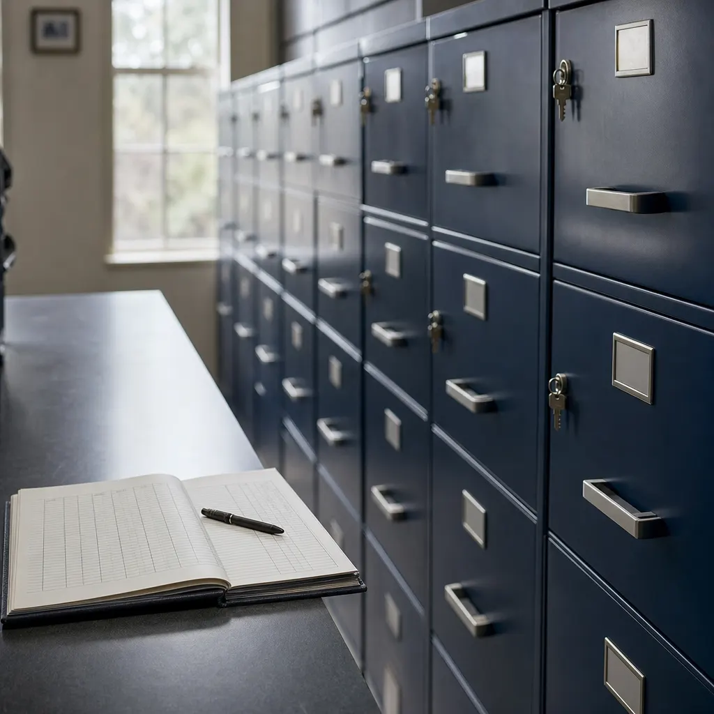 a locked records room with key-locked cabinets and a sign-in log.